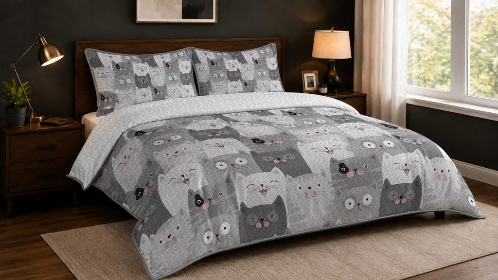 After bedroom transformation with PawMoM grey cat quilt set