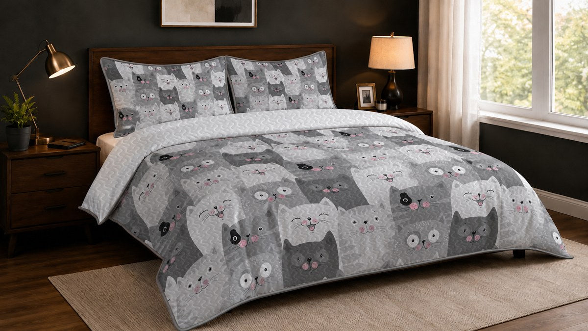 After bedroom transformation with PawMoM grey cat quilt set