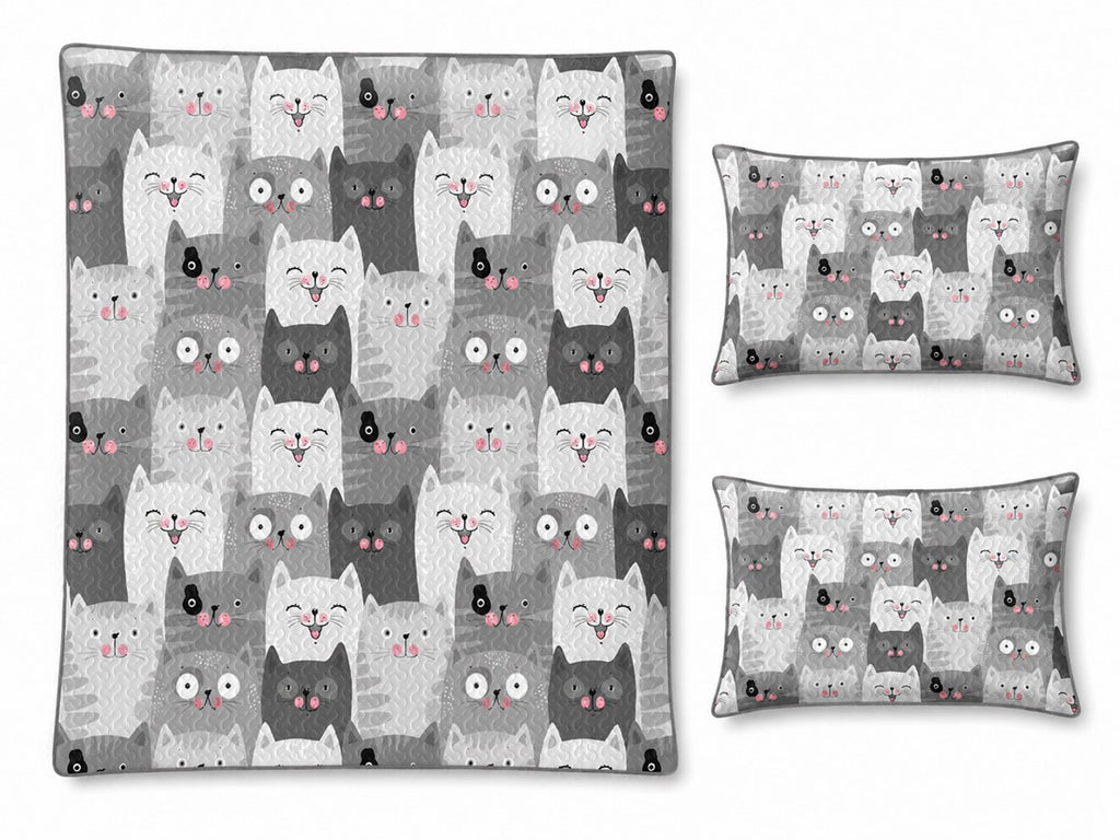 Flat lay of PawMoM grey cat quilt set with quilt and pillow shams