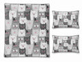 Flat lay of PawMoM grey cat quilt set with quilt and pillow shams
