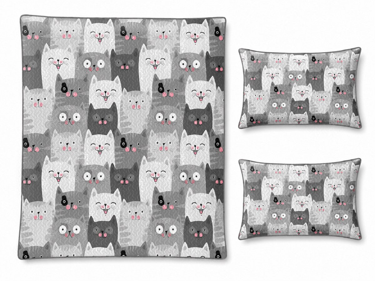 Flat lay of PawMoM grey cat quilt set with quilt and pillow shams