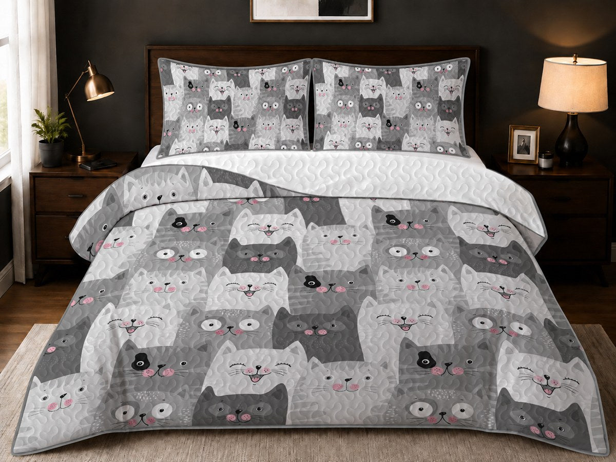Hero bedroom view of PawMoM grey cat quilt set styled on a bed